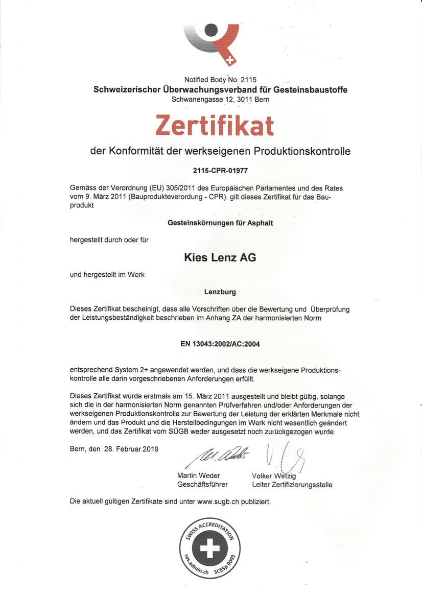 Zertifikat SÜGB Gesteinskörnungen für Asphalt