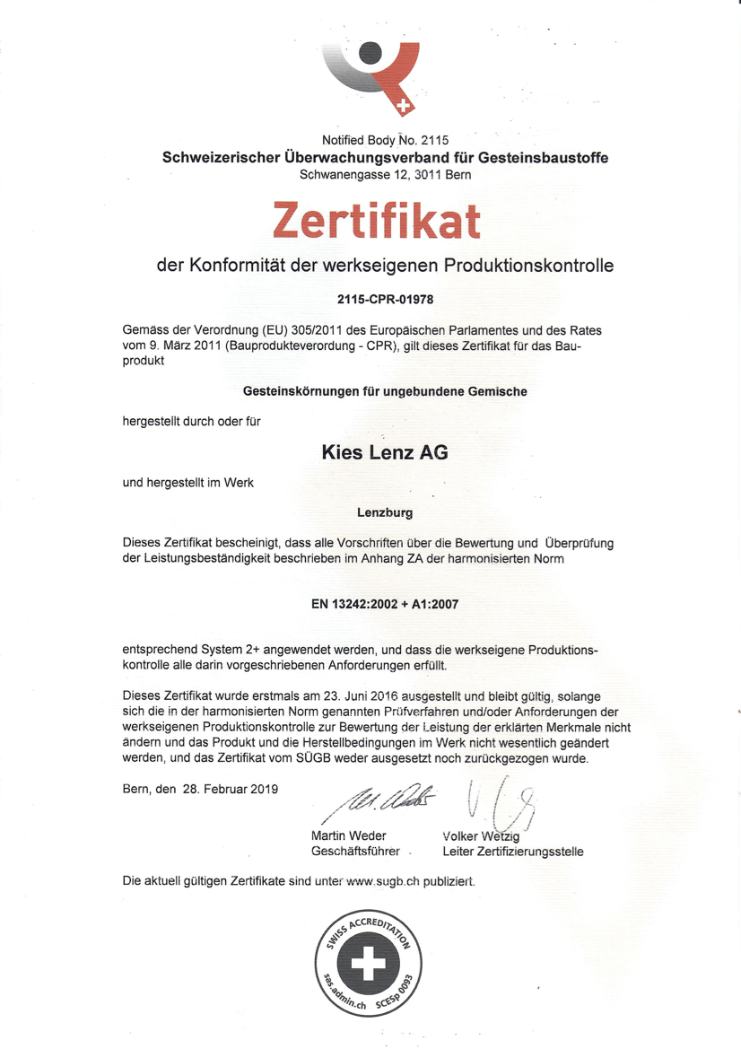 Zertifikat SÜGB Gesteinskörnung ungebundene Gemische Werk Lenzburg