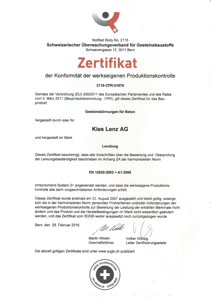 Zertifikat SÜGB Gesteinskörnung Beton Werk Lenzburg